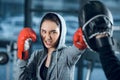 agressive young female boxer training