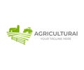 Agricultural, agriculture and farming with farm and tractor on field, logo design. Agribusiness, eco farm, barn with silo in rural