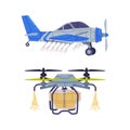 Agricultural aviation. Biplane and drone for agricultural and farming work flat vector illustration