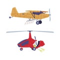 Agricultural aviation. Biplane and rotorcraft with propeller for agricultural and farming works flat vector illustration