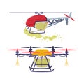 Agricultural aviation. Helicopter and drone spraying pesticides and fertilizers flat vector illustration