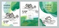 Agricultural backgrounds. Cow and village house. Agricultural brochure layout design. Silhouettes of cows.