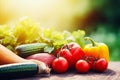 An agricultural setting with a variety of crops growing in a greenhouse, including vibrant green cucumbers and ripe red tomatoes Royalty Free Stock Photo