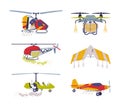 Agricultural Biplane with Propeller for Aerial Application of Pesticides Vector Illustration Set