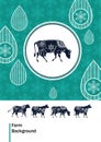 Agricultural brochure layout design. An example of a backdrop for cattle farm. Silhouettes of cows with floral ornament