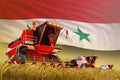Agricultural combine harvester working on wheat field with Syrian Arab Republic flag background, food production concept -