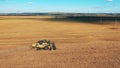 Agricultural combine is reaping rye in the field