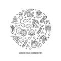 Agricultural commodities concept background and vegetable origin linear icons