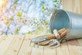 Agricultural composition garden hand tools in bucket on table Royalty Free Stock Photo