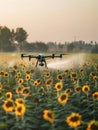 An agricultural drone efficiently sprays a sunflower field during the golden hour, showcasing a blend of agritech and