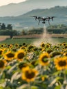 An agricultural drone efficiently sprays a sunflower field during the golden hour, showcasing a blend of agritech and