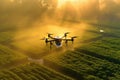 Agricultural drones scan fertilizer spraying areas in green tea fields. rice field technology smart farm