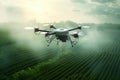 Agricultural drones scan fertilizer spraying areas in green tea fields. rice field technology smart farm
