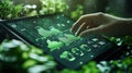 Agricultural engineer analyzing production data on a futuristic digital tablet in a greenhouse