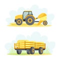 Agricultural Farming Machinery with Hay Baler and Trailer Vector Set Royalty Free Stock Photo