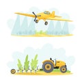 Agricultural Farming Machinery with Plow Tractor and Airplane Spraying Field Vector Set
