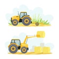 Agricultural Farming Machinery with Plow and Tractor Piling Hay Rolls Vector Set