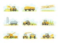 Agricultural farming machinery set. Tractor, trailer loading with hay, combine harvester, airplane vector illustration