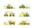 Agricultural Farming Machinery with Tractor, Harvester and Plow Vector Set