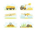 Agricultural Farming Machinery with Tractor, Plow, Harvester and Airplane Spraying Field Vector Set