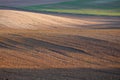 Agricultural field, fallow sloped cultivated farmland in Hungary