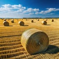 agricultural field with hay bales on a beautiful warm and bright summer blue sky with some