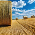 agricultural field with hay bales on a beautiful warm and bright summer blue sky with some