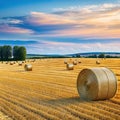agricultural field with hay bales on a beautiful warm and bright summer blue sky with some