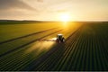 Agricultural field, the tractor cultivates crops, the view from above.