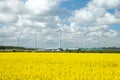 Agricultural hangar and wind turbine in rapeseed field Royalty Free Stock Photo