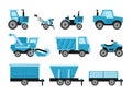 Agricultural harvesting vehicles set with tractor harvesting trailer.