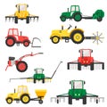 Agricultural harvesting vehicles set with tractor harvesting trailer.