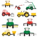 Agricultural harvesting vehicles set with tractor harvesting trailer.