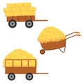 Agricultural haycock in the trailer and wheelbarrow in cartoon flat style, rural hay rolled stack, dried farm haystack