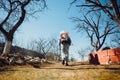 industrial details with man using sprayer machine for pesticide control in fruit orchard during spring time Royalty Free Stock Photo