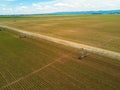 Agricultural irrigation system on cultivated sugar beet plantation, drone pov