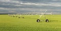 An agricultural irrigation system irrigating an Idaho wheat field.