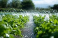 Agricultural irrigation system watering green soybean crops field on a sunny day, with dynamic water jets and droplets Royalty Free Stock Photo