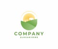 Agricultural land with barn country farm logo design. Rural landscape with green hill and sunlight modern vector design Royalty Free Stock Photo