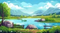 Agricultural landscape background with river water, grass, trees, mountain, clouds in the sky. This illustration shows a Royalty Free Stock Photo