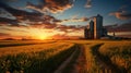 Agricultural landscape with grain silos and road at sunset.