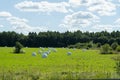 Agricultural landscape. Straw packages on field. Cereal bale of hay wrapped in plastic white foil. Agricultural background. Close-