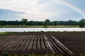 Agricultural landscape with vegetable plantations in the Netherlands. Landscape after the rain with rainbow