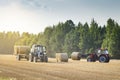 Agricultural machinery on a chamfered golden field moves bales of hay after harvesting grain crops. Tractor loads bales of hay Royalty Free Stock Photo