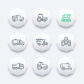 Agricultural machinery line icons, combine harvester, tractor, grain harvesting combine, truck, agricultural vehicles