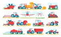 Agricultural machinery set of isolated on white vector illustrations. Agriculture vehicles and farm machines. Tractors