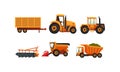 Agricultural Machinery Set, Modern Farm Vehicles for Land Agricultural Processing, Tractor, Plow, Truck Flat Style Royalty Free Stock Photo