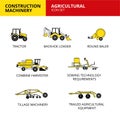 Agricultural machinery vehicle and transport car construction machinery icons set vector