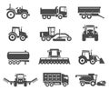 Agricultural machinery, vehicles black silhouette icons set isolated on white. Royalty Free Stock Photo