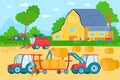 Agricultural machinery, vehicles and farm machines in field harvesting vector illustration. Tractors, harvesters Royalty Free Stock Photo